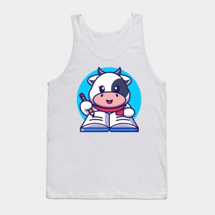 Cute cow writing on book with pencil cartoon Tank Top